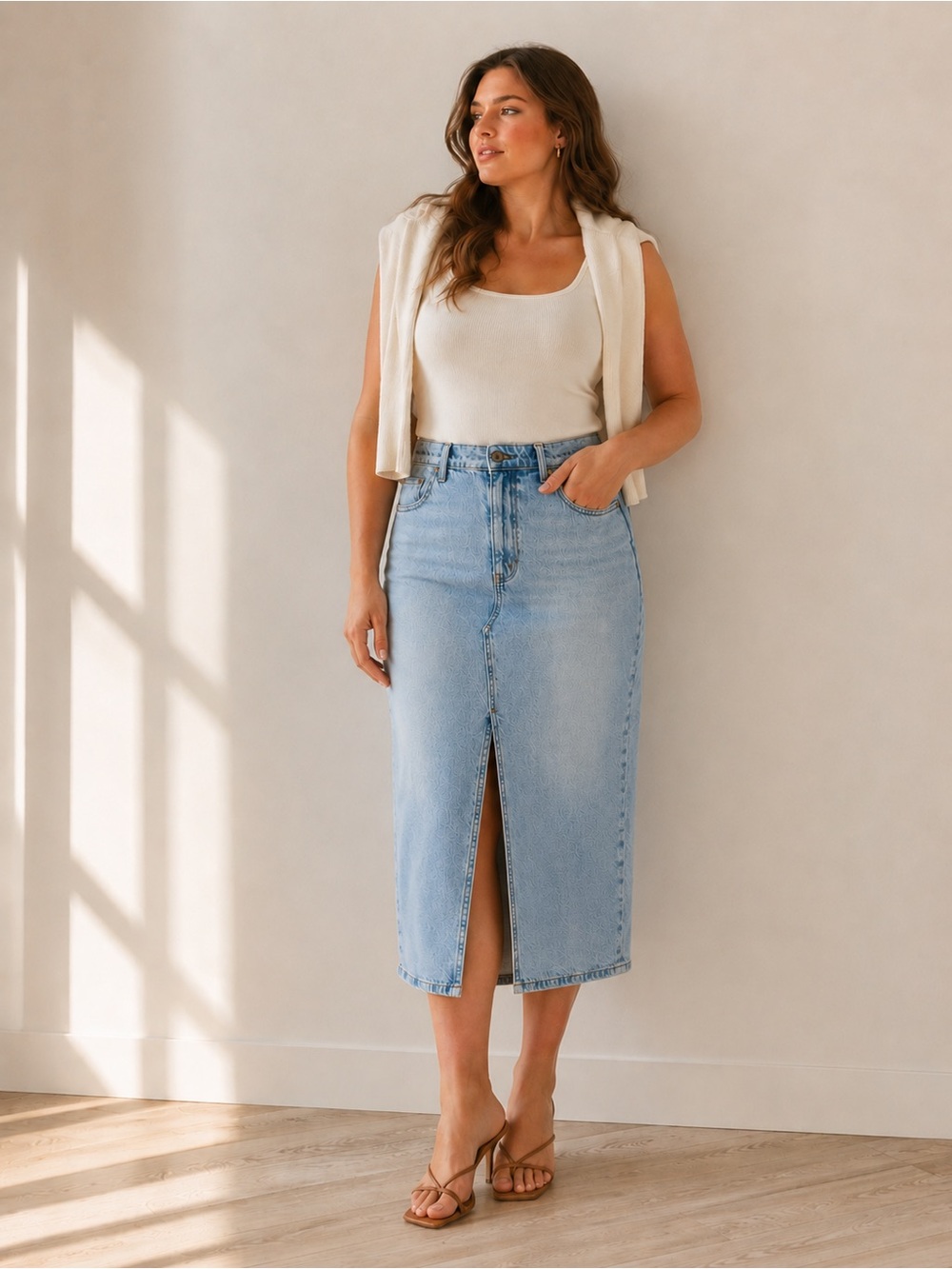 Abercrombie High Rise Denim Midi Maxi Skirt Light Wash Front Slit 32 14 Western